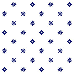 Floral polka dot seamless pattern. Dark blue simple vector flowers with eight petals on white background. Simple vector geometric illustration. Polka dot design for printing on textile, fabric, paper
