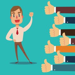 Happy and proud businessman with many thumbs up hands around him. Business compliment concept. Vector illustration - obrazy, fototapety, plakaty