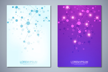Templates brochure or cover book, page layout, flyer design with abstract background of molecular structures and DNA strand. Concept and idea for innovation technology, medical research, science.