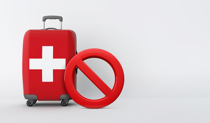 Switzerland flag suitcase with no entry sign. Travel ban concept. 3D Render