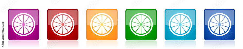 Poster lemon icon set, fruit, fresh citrus colorful square glossy vector illustrations in 6 options for web
