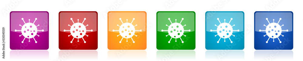 Poster Virus icon set, bacteria, pathogen, infection colorful square glossy vector illustrations in 6 options for web design and mobile applications