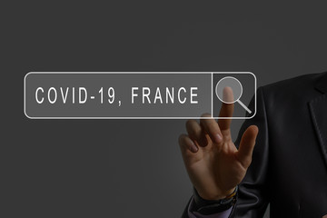 Concept of coronavirus quarantine. MERS-Cov. Novel coronavirus (2019-nCoV).red warning sign with the text Coronavirus in doctor hands Business man clicking internet search