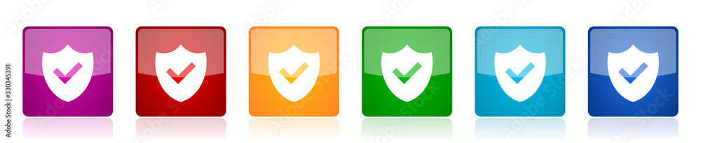 Leinwandbilder shield icon set, colorful square glossy vector illustrations in 6 options for web design and mobile 
