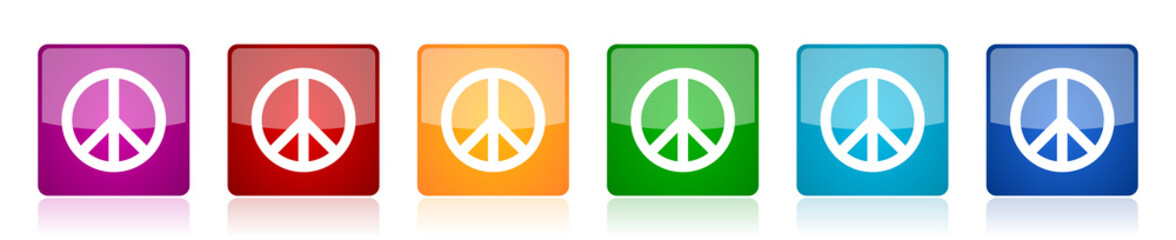 Peace icon set, colorful square glossy vector illustrations in 6 options for web design and mobile applications
