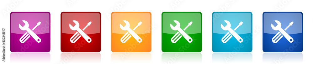 Poster Tools icon set, colorful square glossy vector illustrations in 6 options for web design and mobile applications