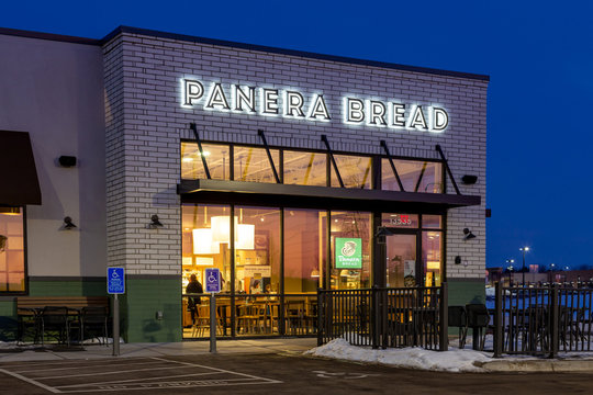 Panera Bread Restaurant Exterior at Twighlight and Trademark Logo