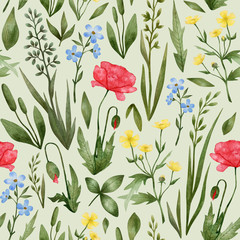 Watercolor seamless pattern with meadow wild flowers. Botanical background with poppy, forget-me-not, buttercup, herbs perfect for wallpaper, wrapping, textile, covers.