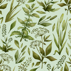 Materiał do szycia Watercolor seamless pattern with wild herbs and leaves. Botanical background with medicinal plants, nettle, goutweed, eragrostis, setaria. Pattern with grass perfect for covers, wallpaper, textile.