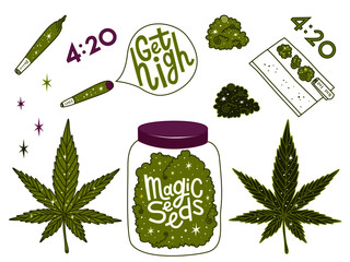 Marijuana vector set. Drug consumption, cannabis and smoking drugs collection. Get high. Magic seeds lettering. Fun doodle illustration of smoking equipment.