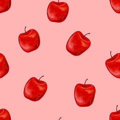 Seamless pattern with the image of fresh apples. Isolated vector illustration on a colored background.