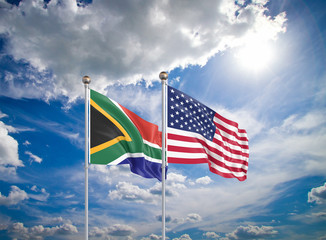 United States of America vs South Africa. Thick colored silky flags of America and South Africa. 3D illustration on sky background. - Illustration