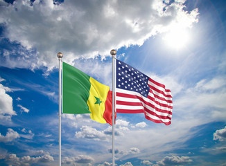 United States of America vs Senegal. Thick colored silky flags of America and Senegal. 3D illustration on sky background. - Illustration