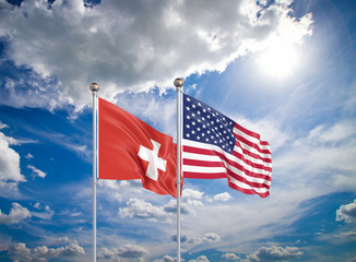 United States of America vs Switzerland. Thick colored silky flags of America and Switzerland. 3D illustration on sky background. – Illustration