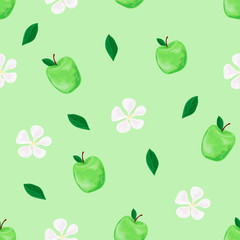 Seamless pattern with the image of fresh apples. Isolated vector illustration on a colored background.