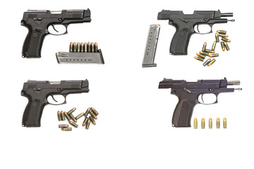 an isolated combat black pistol with cartridges on a white background