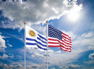 United States of America vs Uruguay. Thick colored silky flags of America and Uruguay. 3D illustration on sky background. - Illustration