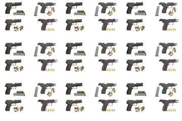 a template of isolated combat black pistols with cartridges on a white background