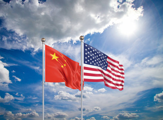 United States of America vs China. Thick colored silky flags of America and China. 3D illustration on sky background. - Illustration