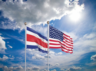 United States of America vs Costa Rica. Thick colored silky flags of America and Costa Rica. 3D illustration on sky background. - Illustration