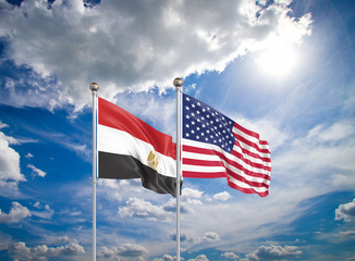 United States of America vs Egypt. Thick colored silky flags of America and Egypt. 3D illustration on sky background. - Illustration