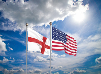 United States of America vs England. Thick colored silky flags of America and England. 3D illustration on sky background. - Illustration