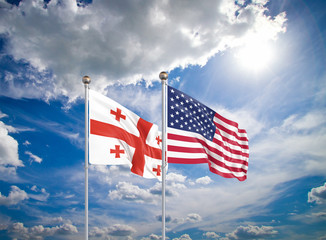 United States of America vs Georgia. Thick colored silky flags of America and Georgia. 3D illustration on sky background. – Illustration