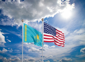 United States of America vs Kazakhstan. Thick colored silky flags of America and Kazakhstan. 3D illustration on sky background. – Illustration