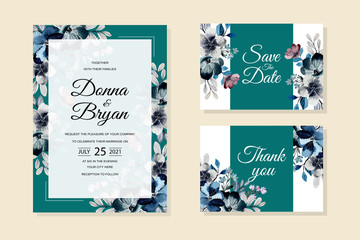 wedding invitation card with watercolor flower green background