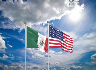 United States of America vs Mexico. Thick colored silky flags of America and Mexico. 3D illustration on sky background. - Illustration