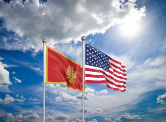 United States of America vs Montenegro. Thick colored silky flags of America and Montenegro. 3D illustration on sky background. – Illustration