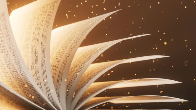 Endless flipping pages in magic book. Golden sparkles and glowing light. 4k HD