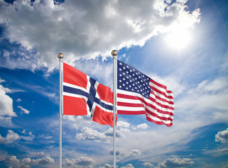 United States of America vs Norway. Thick colored silky flags of America and Norway. 3D illustration on sky background. – Illustration