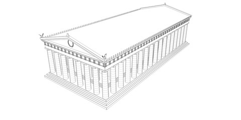 Parthenon, ancient greek temple, visualization, 3D illustration, sketch, outline