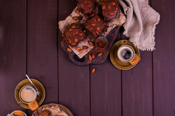 Brownie for breakfast with aromatic coffee. Traditional american pie and italian espresso. Tasty...