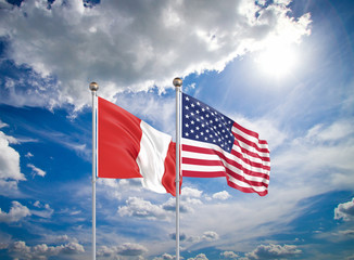 United States of America vs Peru. Thick colored silky flags of America and Peru. 3D illustration on sky background. - Illustration