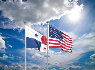 United States of America vs Panama. Thick colored silky flags of America and Panama. 3D illustration on sky background. - Illustration