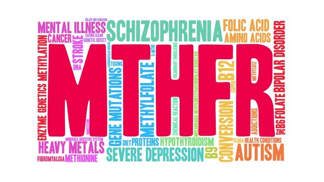MTHFR animated word cloud on a white background. 