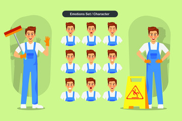 Set of cleaning man staff character vector design. Presentation in various action with emotions, running, standing and walking.