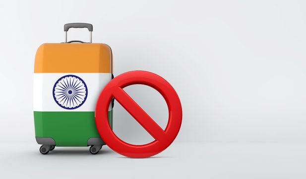 India Flag Suitcase With No Entry Sign. Travel Ban Concept. 3D Render