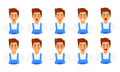 Set of different emotions male character. emoji with various facial expressions. cleaning man. Vector illustration.