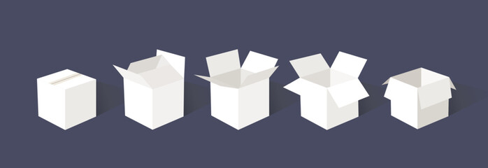 A set of open and closed boxes in different angles. Isometry in perspective. Vector illustration. Carton delivery packaging open and closed box. Cardboard box mockup set. - obrazy, fototapety, plakaty