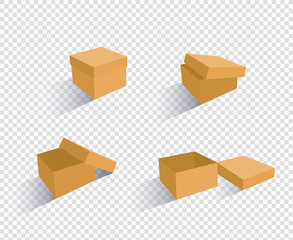 A set of open and closed boxes in different angles. Isometry in perspective. Vector illustration. Carton delivery packaging open and closed box. Cardboard box mockup set.