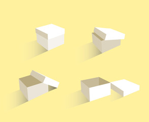 A set of open and closed boxes in different angles. Isometry in perspective. Vector illustration. Carton delivery packaging open and closed box. Cardboard box mockup set.