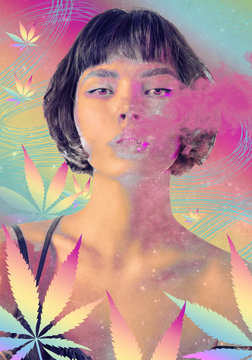 Portrait of smoking girl marijuana leaves , abstract 