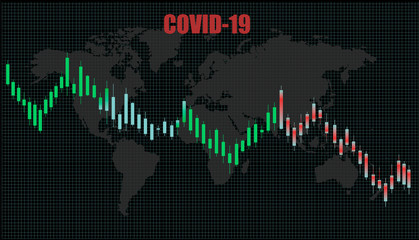 Vector stock market illustration. Changes in the stock market due to a pandemic (coronavirus covid-19). Forex trading graph in graphical form. Financial investment. World map on a black background. 