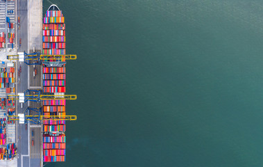 4K, Aerial footage Container ship carrying container box in import export with quay crane, Global business cargo freight shipping commercial trade logistic and oversea worldwide by container vessel.