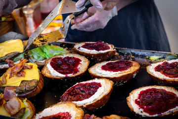 Gastronomic festival of barbecue, burgers on the grill and an open fire. Russia, Yekaterinburg June 8, 2019