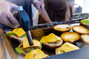 Gastronomic festival of barbecue, burgers on the grill and an open fire. Russia, Yekaterinburg June 8, 2019