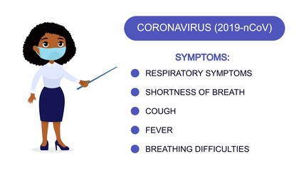 Woman doctor shows a list of coronavirus symptoms. Character with a respiratory mask on her face. Virus symptoms infographics. Vector illustration on a white background.